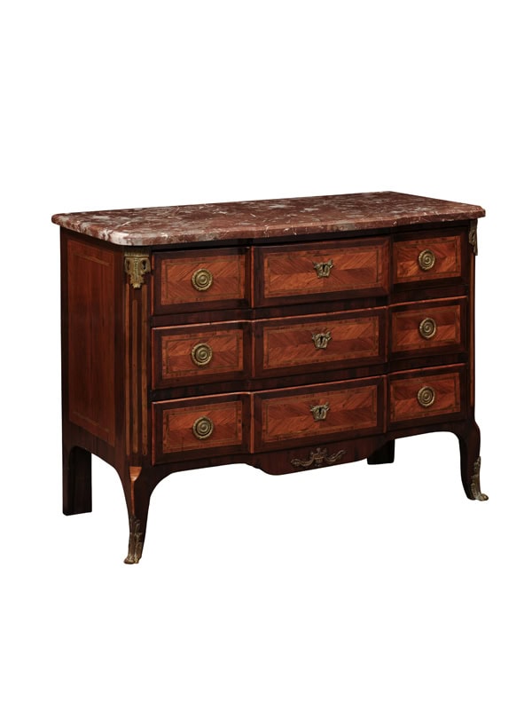 18th Century French Transitional XV/XVI Commode in Tulipwood/Kingwood with Marble Top and Ormolu Mounts