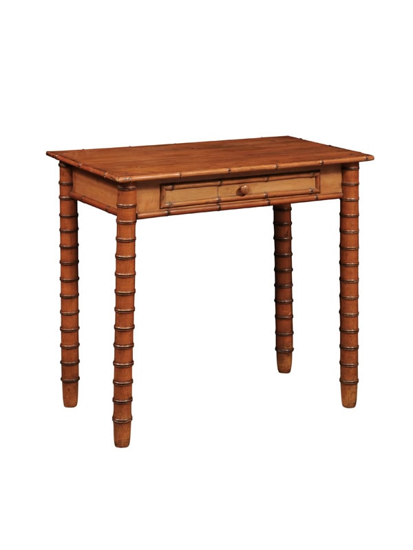 English Late 19th Century Pine Faux Bamboo Side Table with Drawer