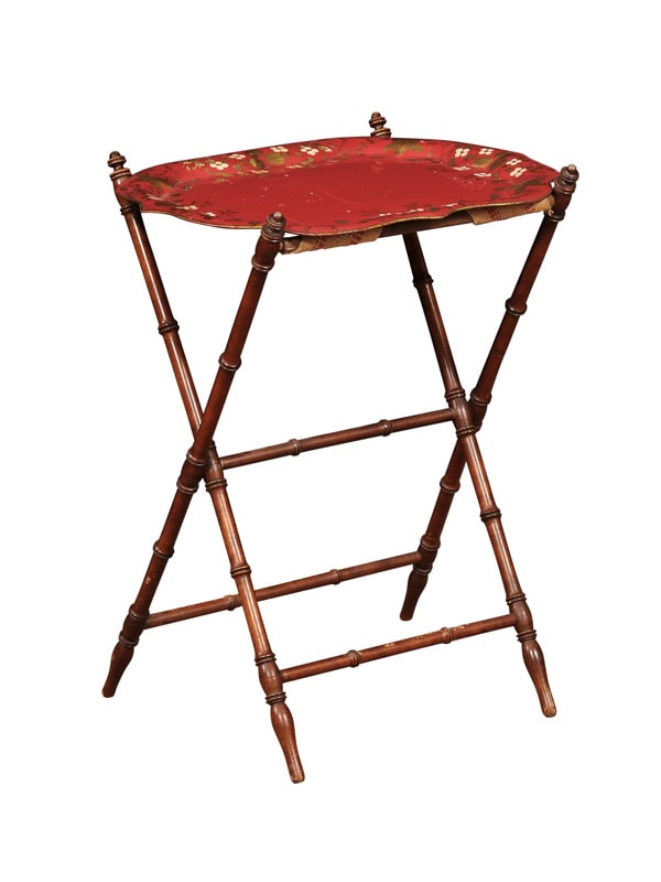 Vintage Red Painted Tole Tray with Wood Folding Stand