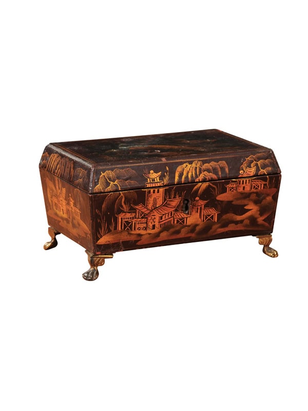 Small 19th Century Chinoiserie Decorated Box with Painted Peacock Detail, ca. 1820