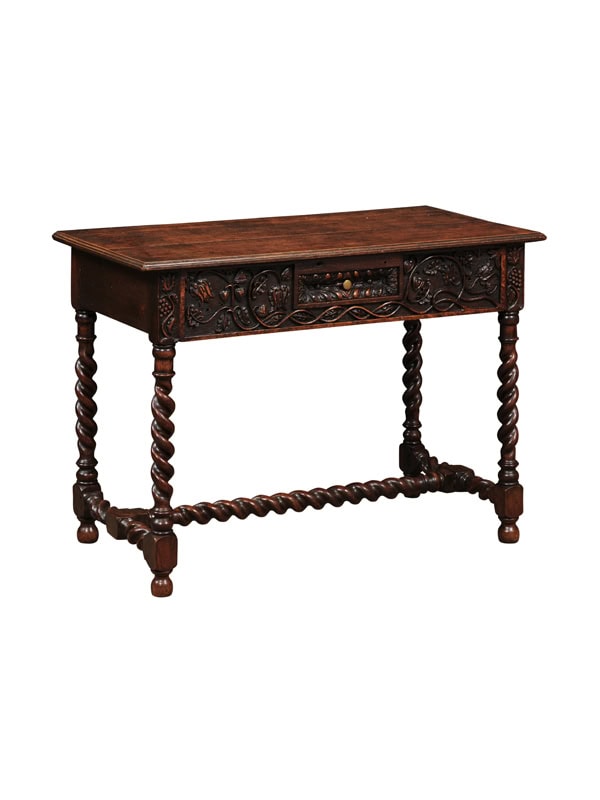19th Century French Walnut Table with Barley Twist Legs /Stretcher & Carved Frieze with Drawer