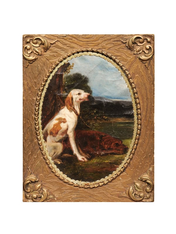 19th Century English Oil on Canvas Dog Painting in Original Frame