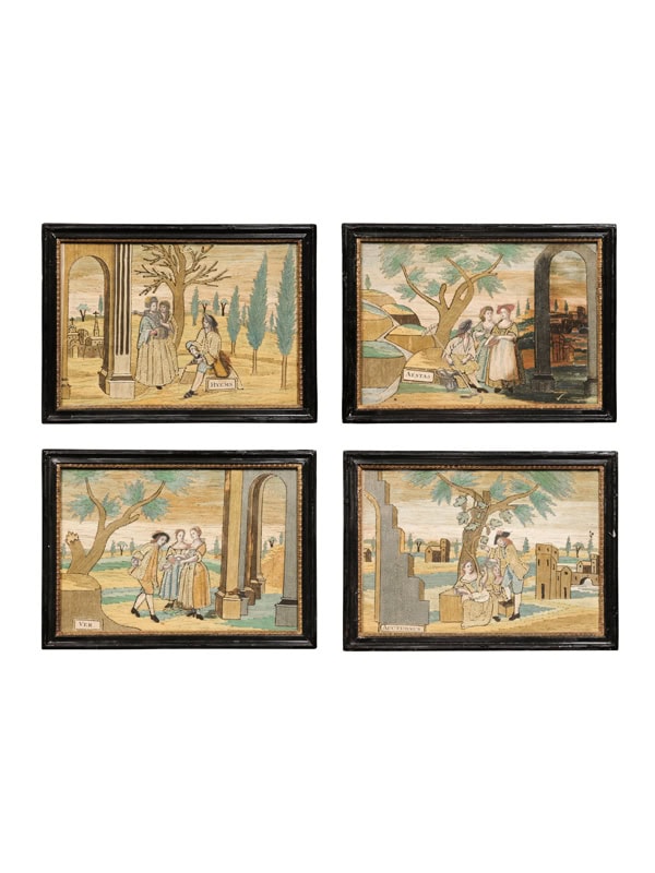 Set of 4 Framed 18th Century Textiles Depicting the Four Seasons