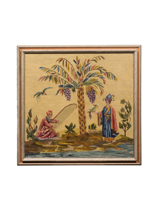 Vintage Framed Needlework with Chinoiserie Scene