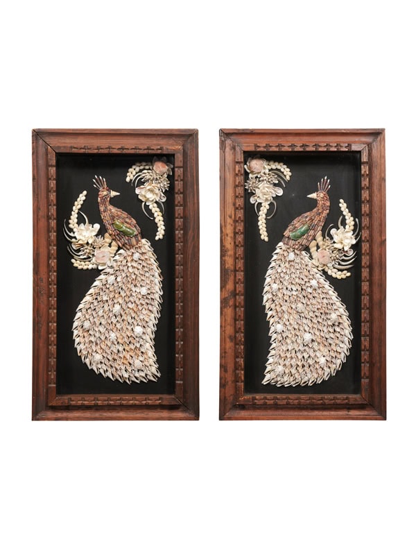 Pair of Vintage Seashell Art Peacocks in Shadow Box Frames
