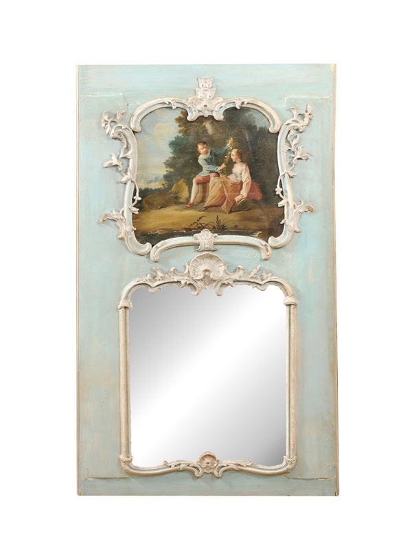 Large French 18th Century Regence Trumeau Mirror with Oil on Canvas Painting of Figures