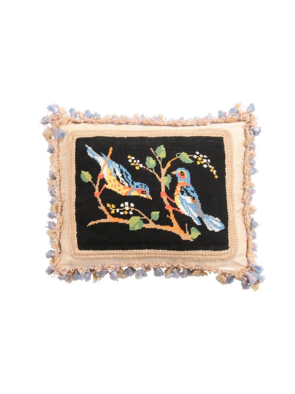 Vintage Needlepoint Pillow with Birds & Blue Fringe