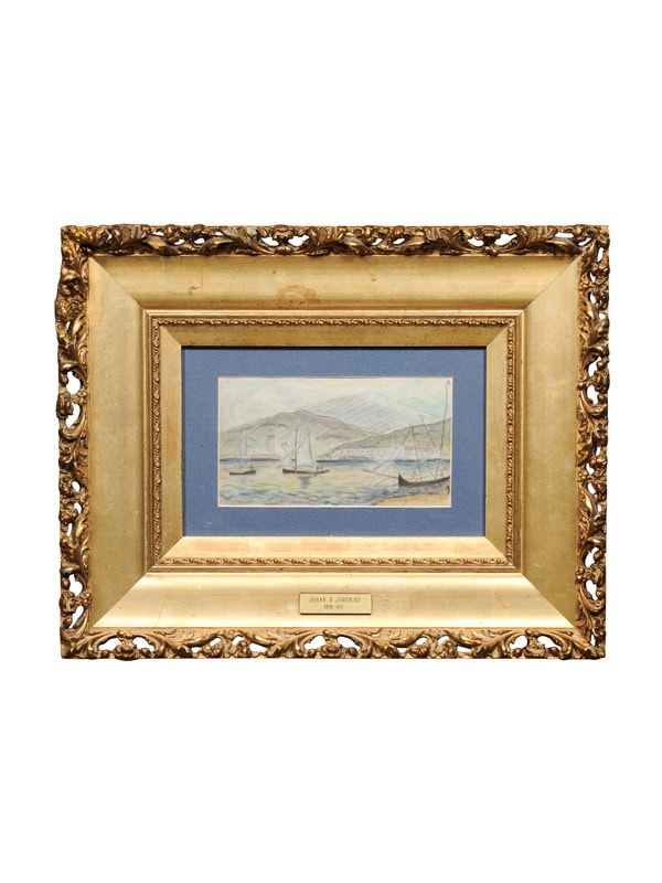 Johan Barthold Jongkind Boats in Harbor Water Color in Gilt Frame