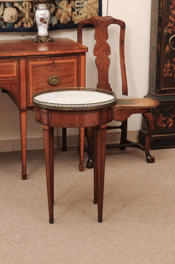 Small 19th Century French Louis XVI Style Bouillotte Table with White Marble Top & Brass Gallery - Image 13