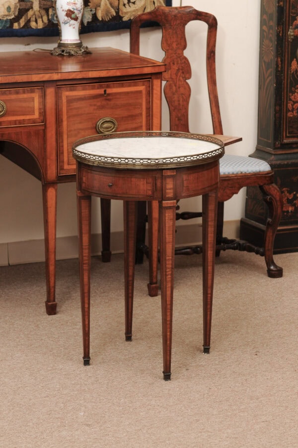 Small 19th Century French Louis XVI Style Bouillotte Table with White Marble Top & Brass Gallery - Image 14