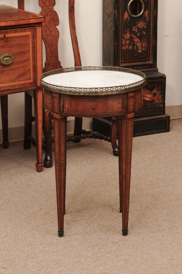 Small 19th Century French Louis XVI Style Bouillotte Table with White Marble Top & Brass Gallery - Image 15