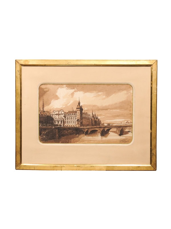 Giltwood Framed 19th Century French Sepia Watercolor of Paris ca. 1880