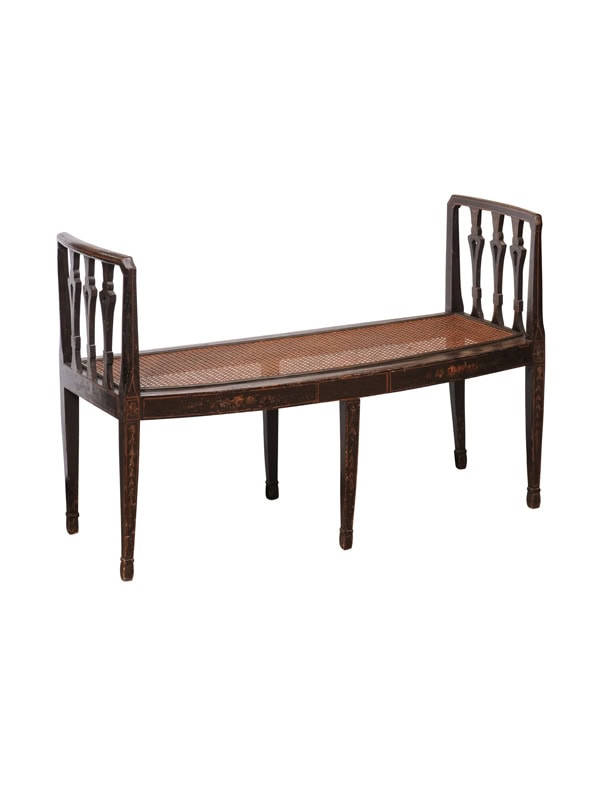 19th Century English Black Painted Window Bench with Caned Seat
