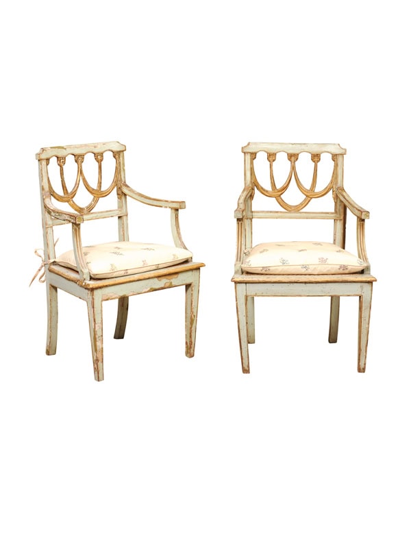 Pair of Swedish Early 19th Century Painted Pale Green and Parcel Gilt Arm Chairs with Caned Seats and Cushions, ca. 1810