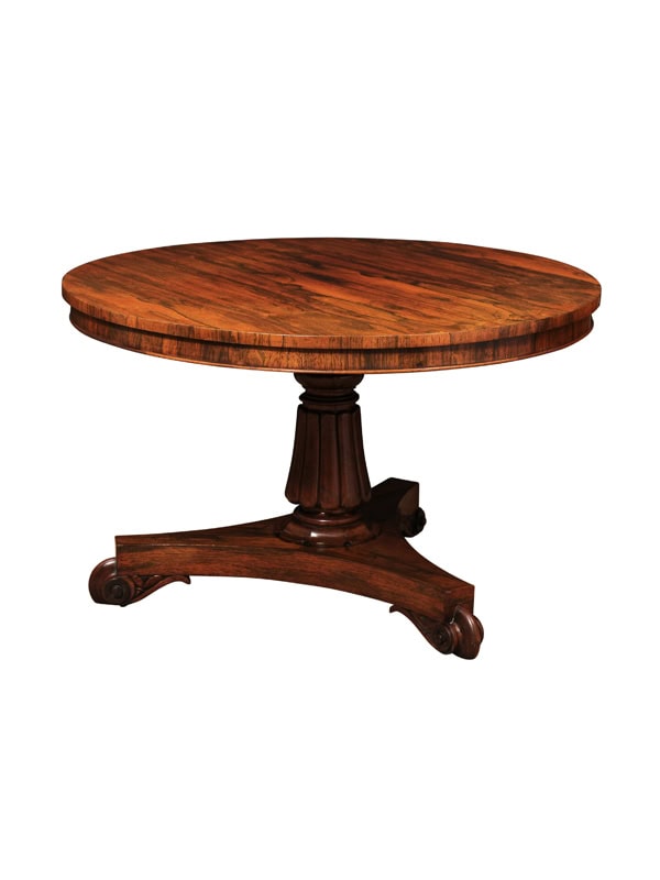 English 19th Century Rosewood Center Table with Pedestal Base and Scroll Feet