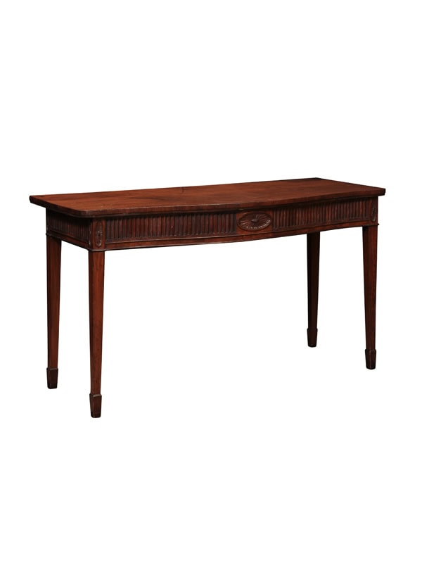 English George III Mahogany Serpentine Server with Fluted Frieze and Stylized Oval Flower Medallion Detail, ca. 1800