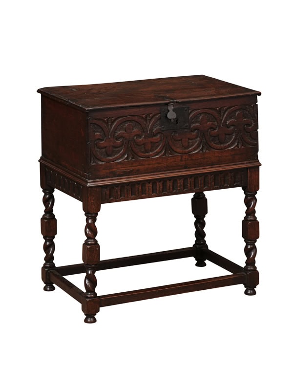 18th Century English Oak Bible Box on Stand with Carved Detail