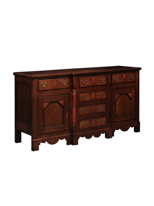 English 19th Century Oak Dresser Base with 6 Drawers, 2 Flanking Cabinets and Fan Inlay Detail