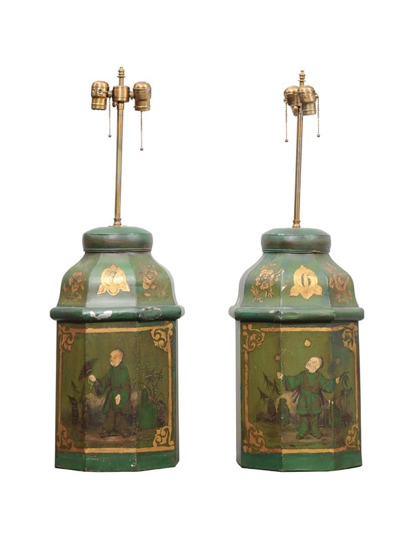 Pair of Large 19th Century English Green Painted Tole Tea Tins, wired as Lamps