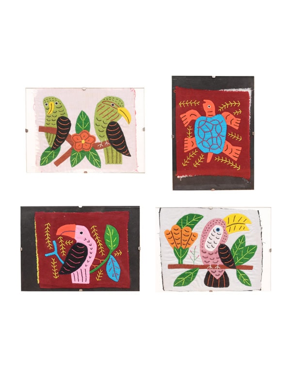 Set of 4 Framed Embroidery Animals, 20th c.