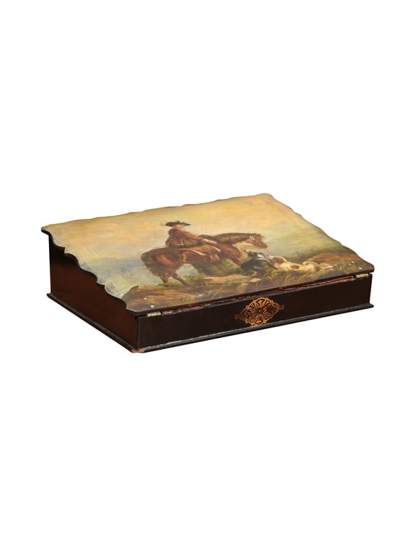 Late 19th Century English Painted Wood Lap Desk of Man on Horse with Dogs