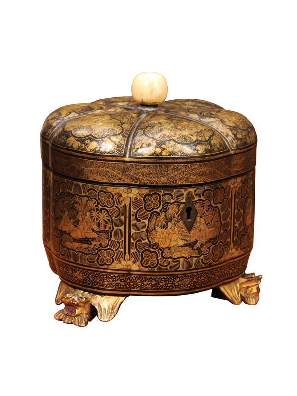Unusual Round 19th Century Lacquered Tea Caddy with Chinoiserie Decoration and Fitted Interior