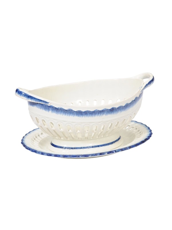 Blue & White Staffordshire Pearlware Oval Reticulated Basket and Under plate, ca. 1800