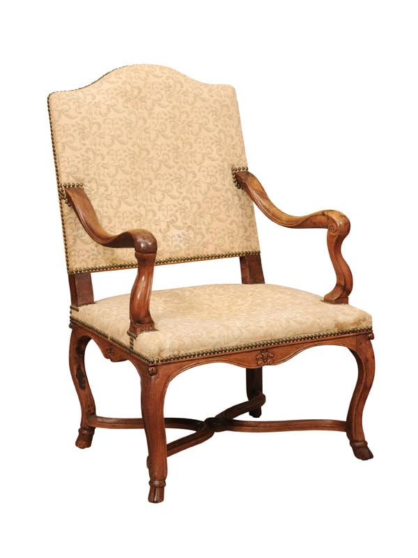 18th Century French Louis XV Walnut Fauteuil with Cross Stretcher & Hoof Feet