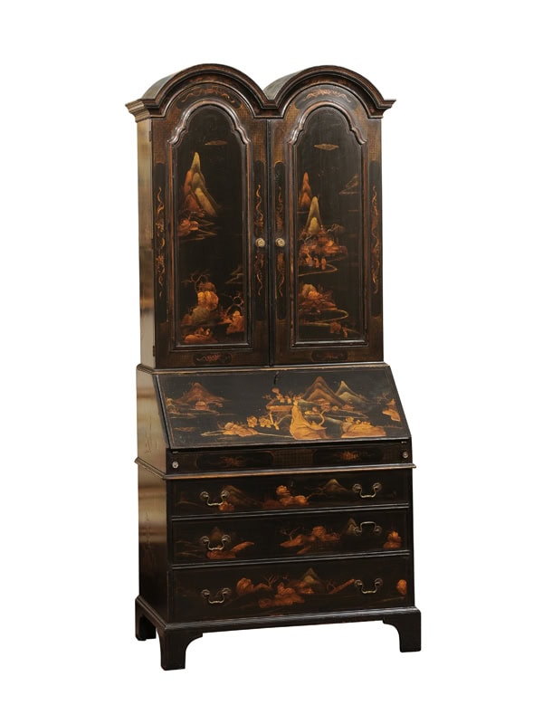 Queen Anne Style Chinoiserie Bureau Bookcase with Double Bonnet Cornice and Bracket Feet, American Made Reproduction, 20th Century