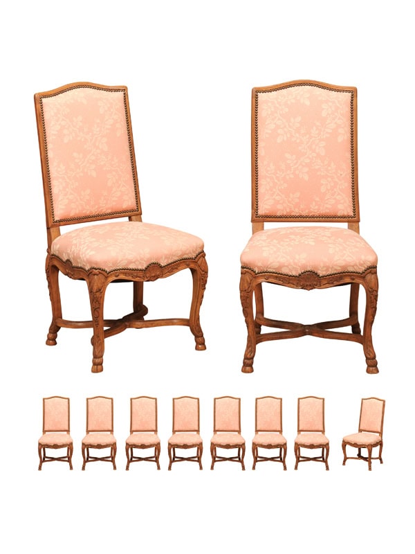 Set of 10 French Regence Style Oak Upholstered Dining Chairs with Shell Carving, X Stretcher & Hoof Feet, 20th Century