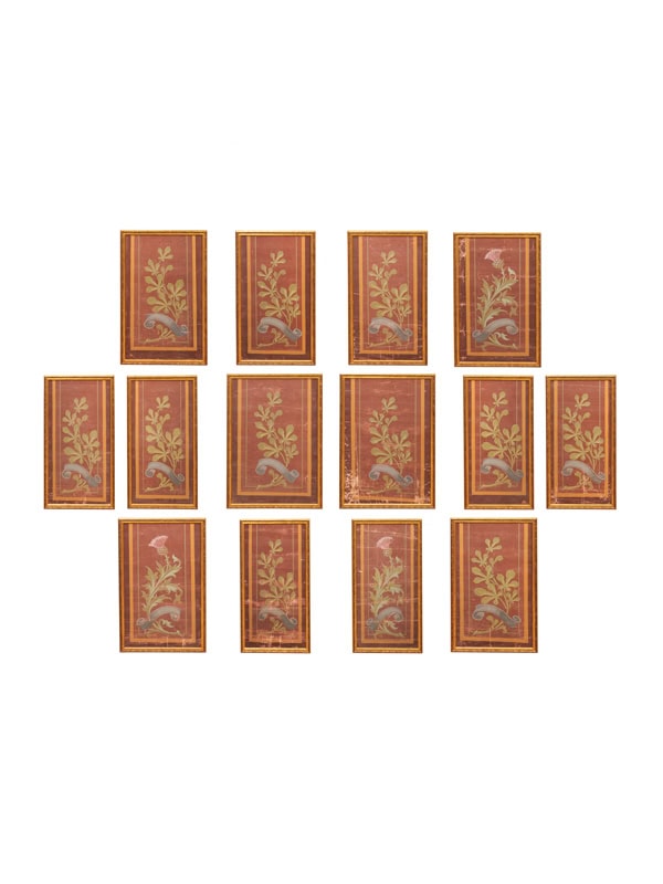 Set of 14 Giltwood Framed 19th Century Italian Hand Painted Wallpaper Fragments. PRICED PER EACH.