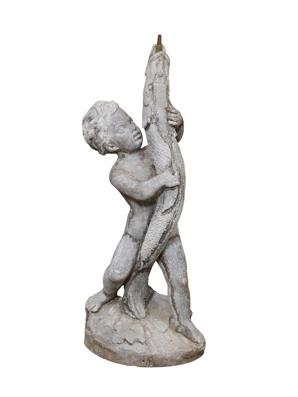 19th Century Zink Fountain of Boy Holding a Koi Fish
