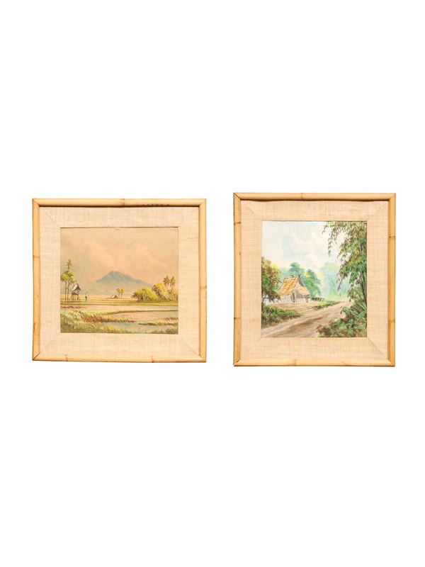 Pair of Bamboo Framed Vintage Asian Watercolor Landscapes