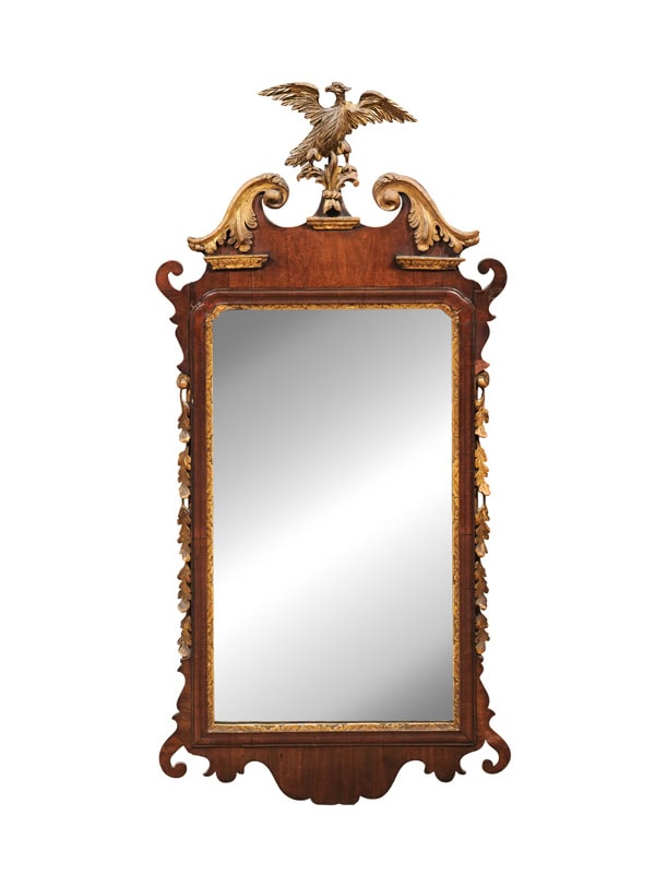 18th Century English Chippendale Mahogany & Parcel Gilt Mirror with Giltwood Eagle Crest