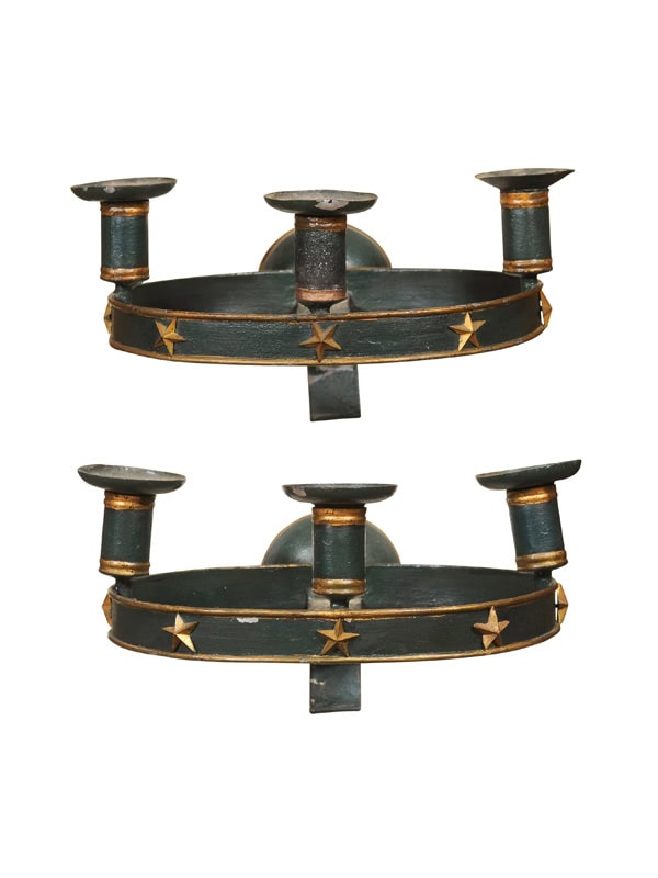 Pair of 19th Century Green Tole Sconces with Star Detail and 3 Lites