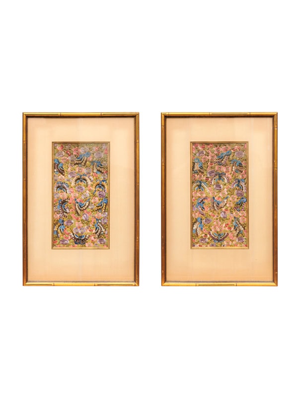 Pair of Giltwood Bamboo Framed Asian "Forbidden Stitch" Embroideries