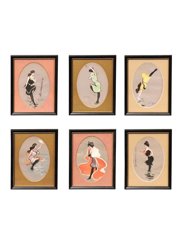 Set of 6 Framed Vintage "Hamilton King Girls" Pastel Illustrations