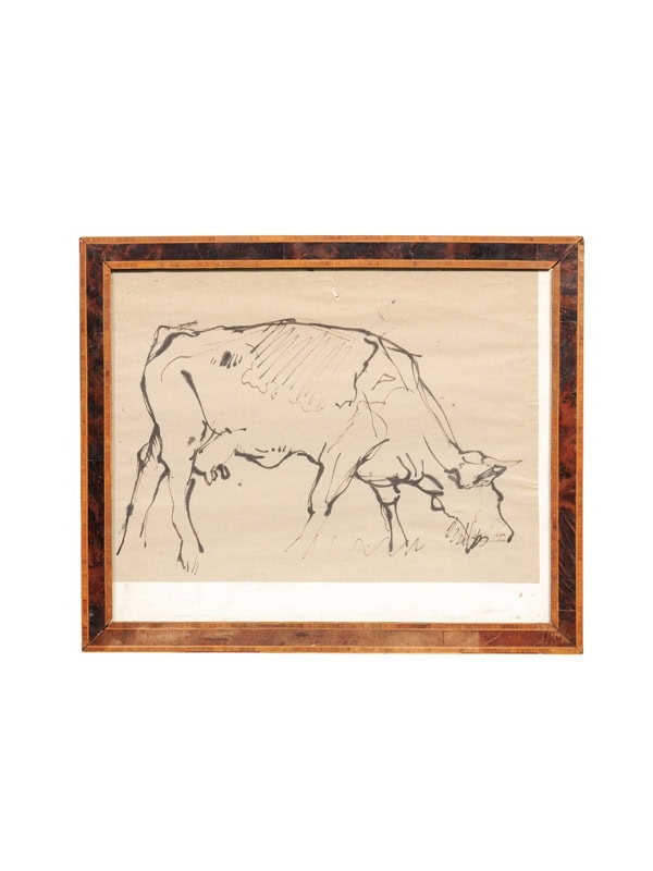 Vintage Framed Continental Watercolor Painting of a Bull