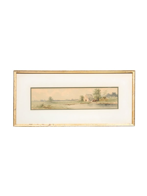 Moon Gilt Framed Early 20th Century Watercolor Painting of Barn in Landscape, signed lower left