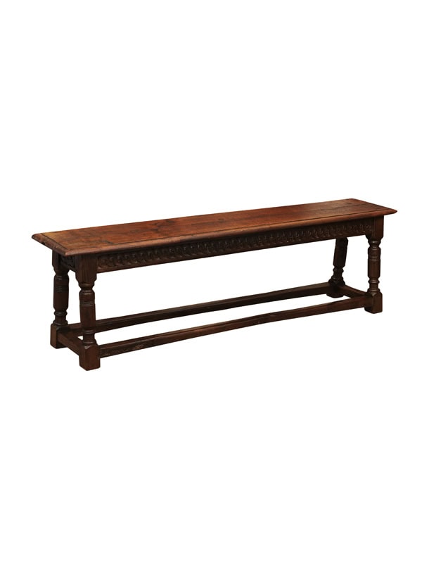 19th Century English Oak Long Bench with Carved Frieze and Box Stretcher