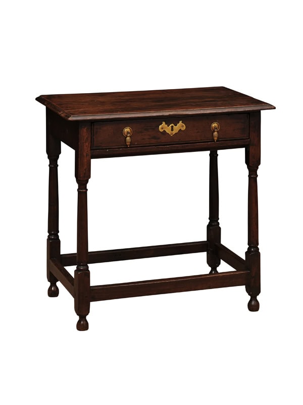 English 18th Century Oak Side Table with Drawer and Box Stretcher