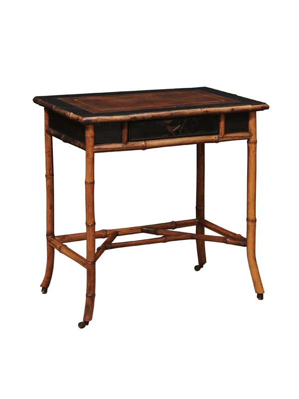 English Bamboo and Black Lacquered Side table/Small Desk with Brown Leather Top, 1 Drawer and Stretcher, Late 19th Century