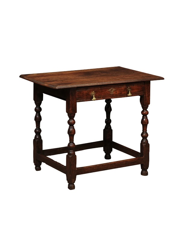 English 18th Century Oak Side Table with Drawer, Turned Legs and Box Stretcher