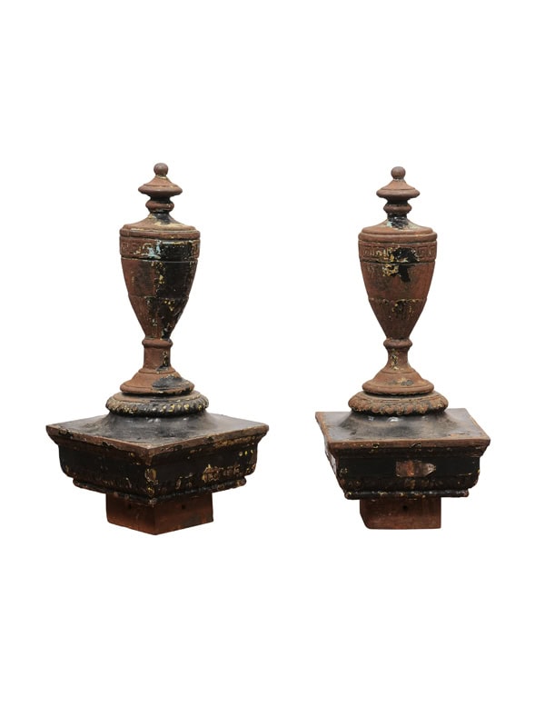 Pair of Neoclassical Style Painted Iron Gate Finials with Greek Key Design ca. 1920