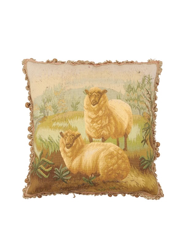 Large Tapestry Pillow with Lambs in Landscape, Silk Tassel Fringe & Velvet Back, 20th c.