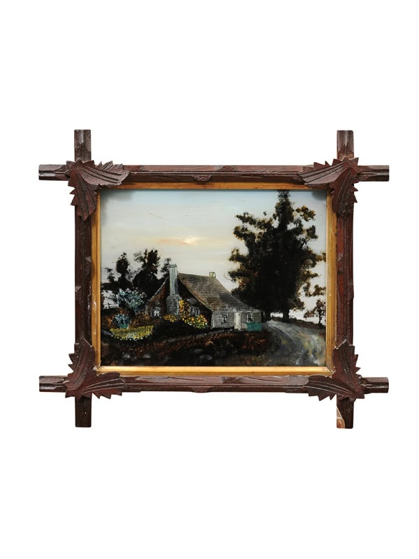 Black Forest Framed Eglomise Cabin in Landscape Painting, Late 19th Century