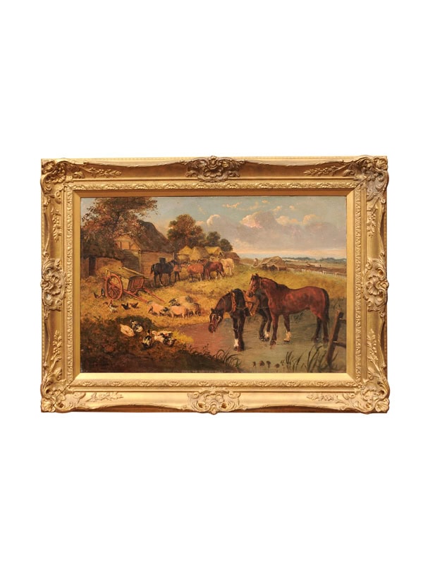 Giltwood Framed English Oil on Canvas of Pastoral Farm Scene, Signed Lower Left "S. J. Clark", Late 19th Century