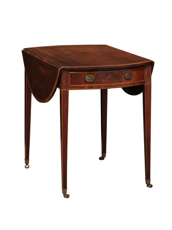 Small English George III Mahogany Pembroke Table with Rosewood Crossbanding, Drop Leaves, Drawer and Brass Castor Feet, Ca. 1790