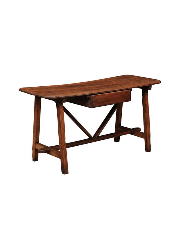 Rustic 19th Century Continental Walnut & Pine Console /Sofa Table with X Stretcher & Small Center Drawer