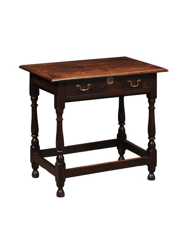 English 18th Century Oak Side Table with Drawer and Box Stretcher